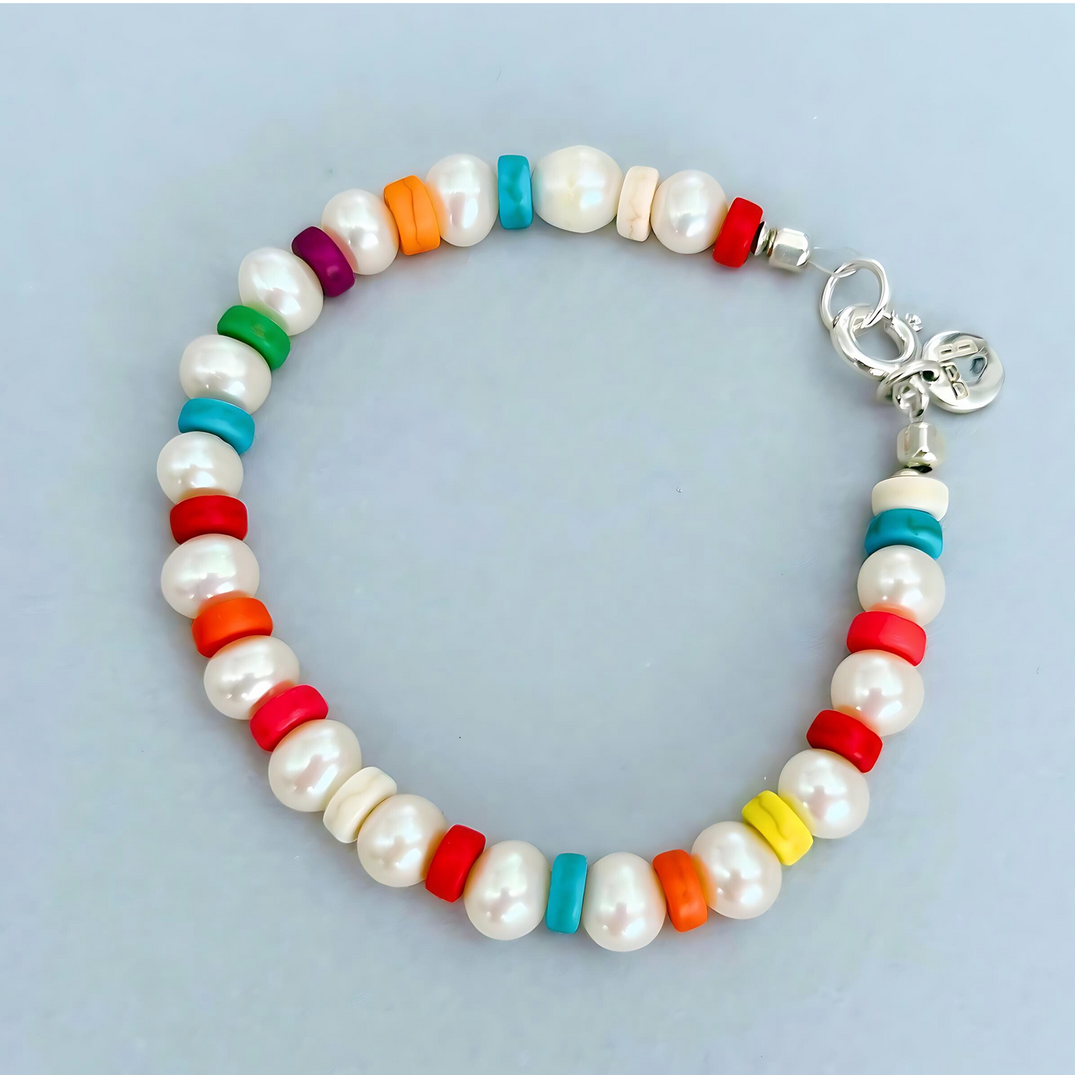 A grown-up version of the candy bracelets made with cultured white pearls and colourful howlite discs. The Le BijouBijou Candy Bracelet.