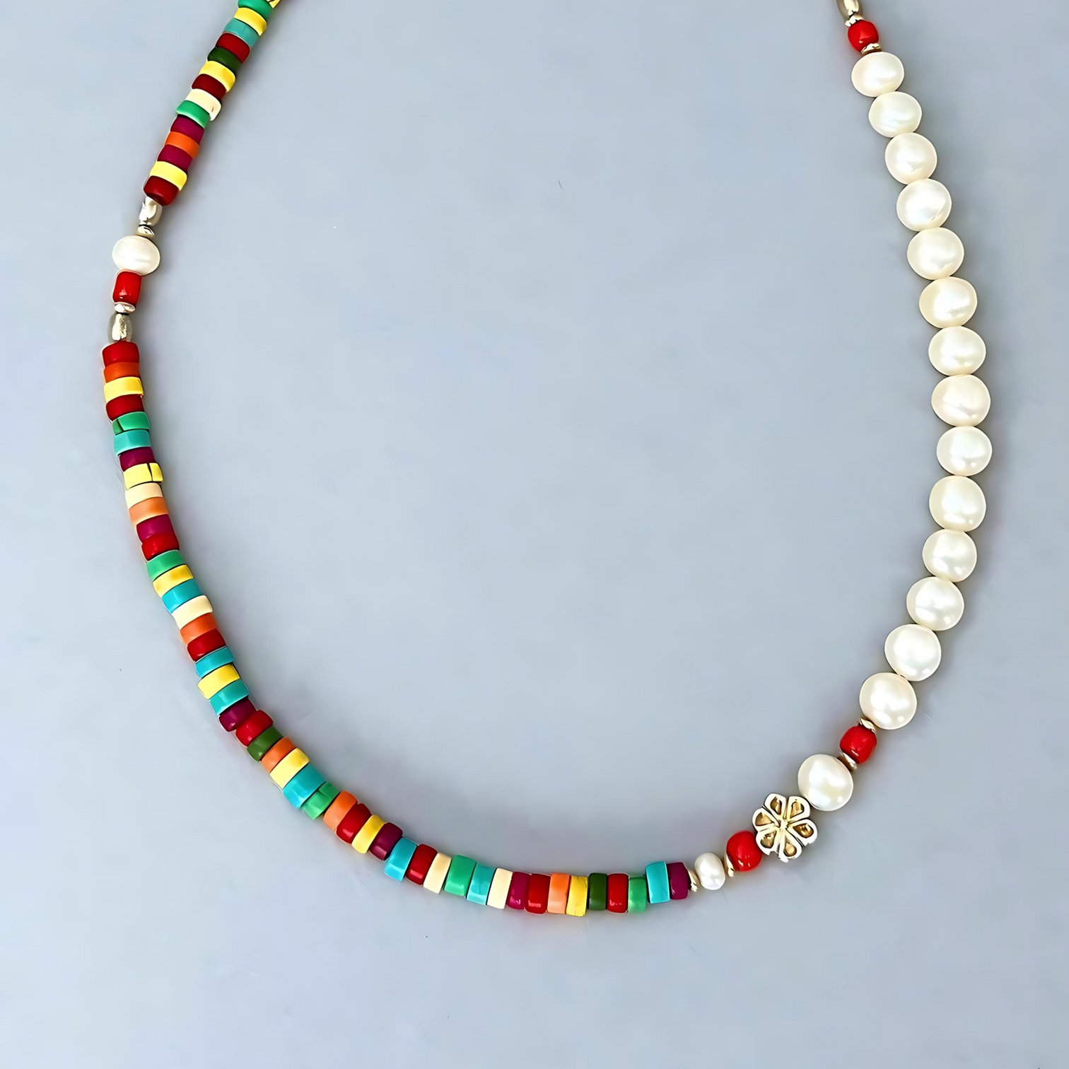 Detailed shot of this trendy Le BijouBijou Happy Necklace is made with pearls and coloured howlite discs.