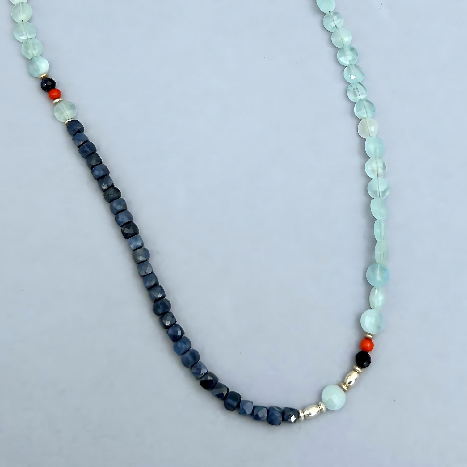 This LeBijouBijou Perfect Match Necklace is a made with a combination of aquamarines and sapphires. Detail Shot