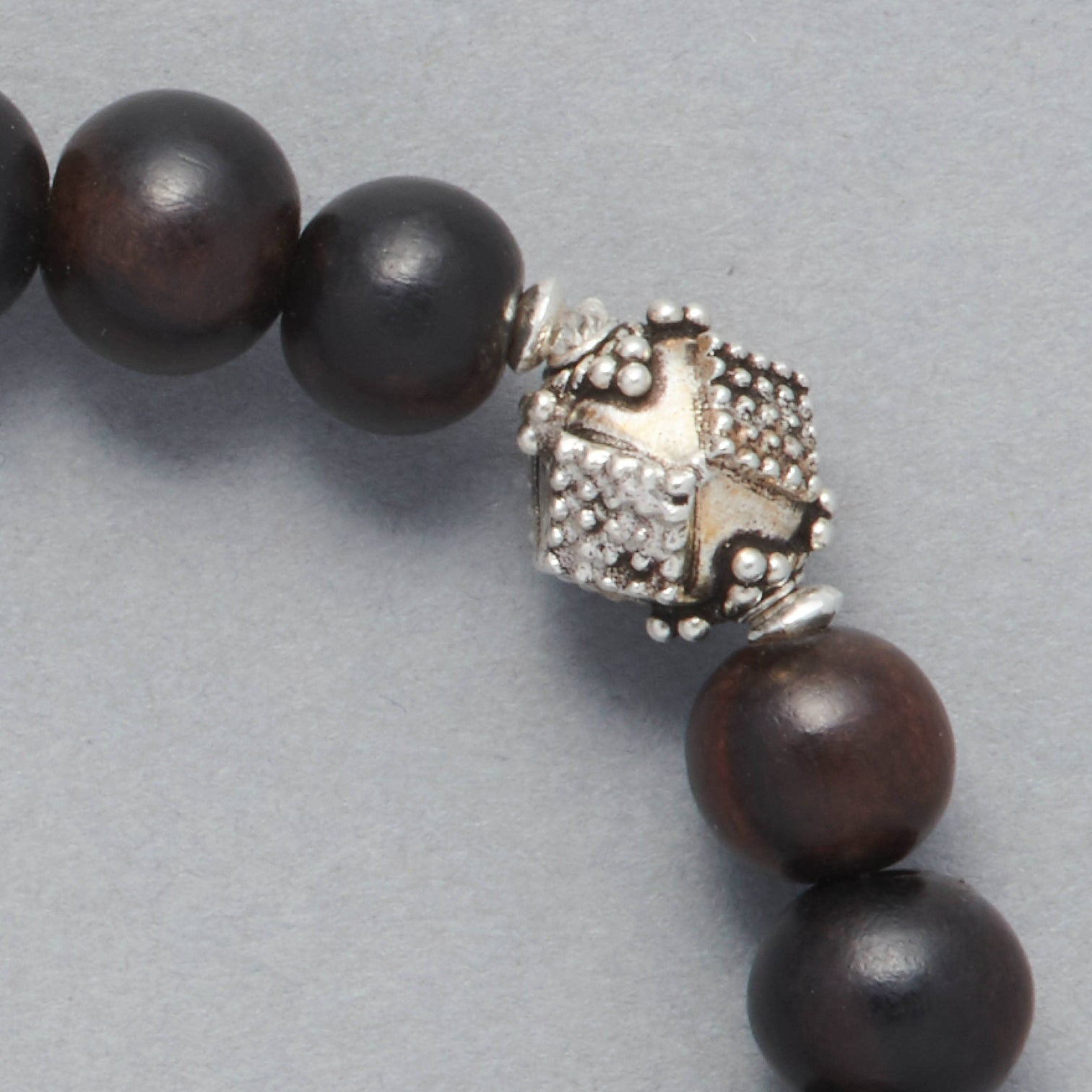 ALEC Men beaded Bracelet Close-Up of Ebony Beads and sterling silver center piece