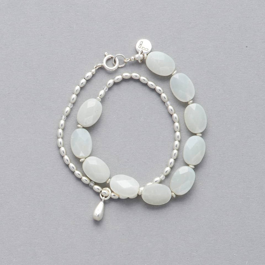 The LE BIJOUBIJOU ALINA Double Wrap Bracelet Product Picture. This bracelet is made with faceted Olive-Shaped Moonstone and Sterling Silver. 