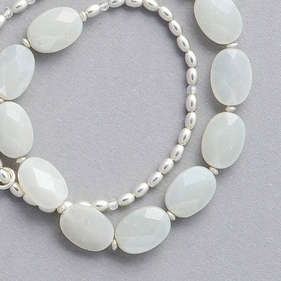 The LE BIJOUBIJOU ALINA Double Wrap Bracelet product close-up. This bracelet is made with faceted Olive-Shaped Moonstone and Sterling Silver. 