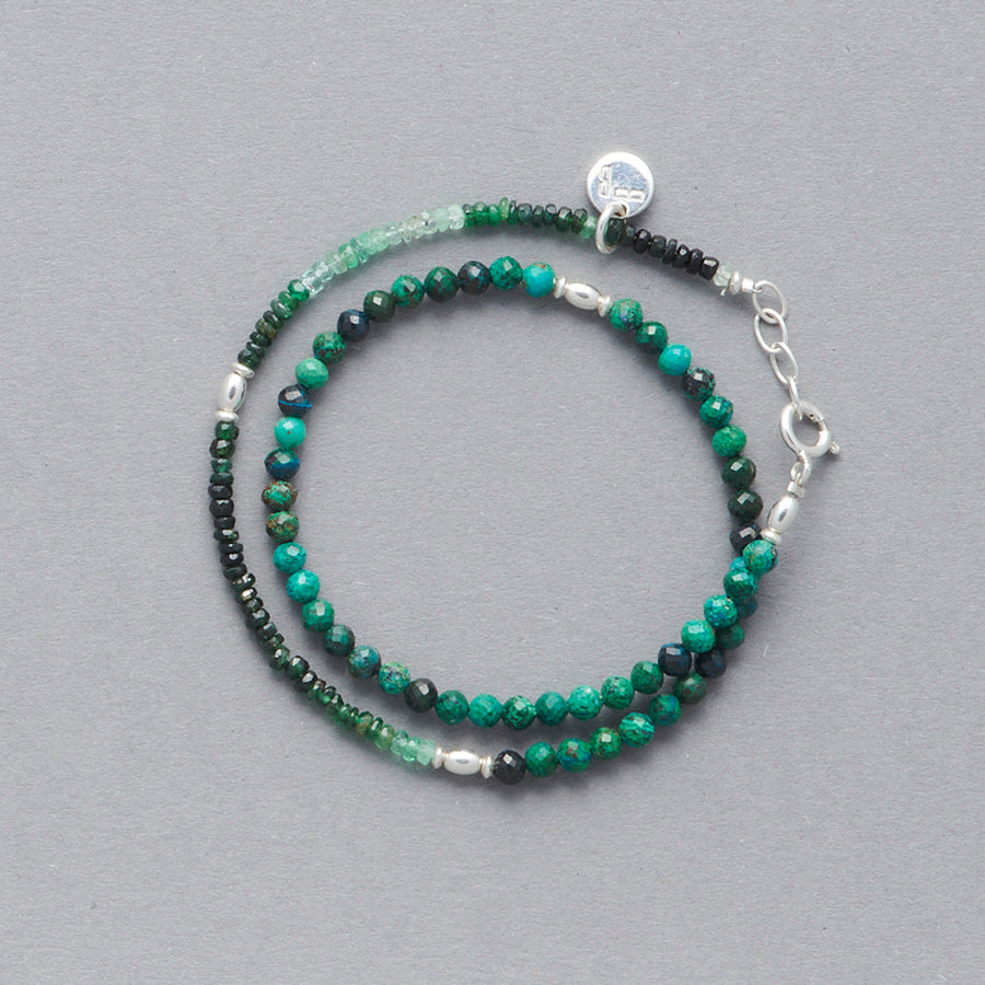 Product picture of the LE BIJOUBIJOU ESMERALDA Double Wrap Bracelet made with faceted Emeralds and faceted Chrysocolla.