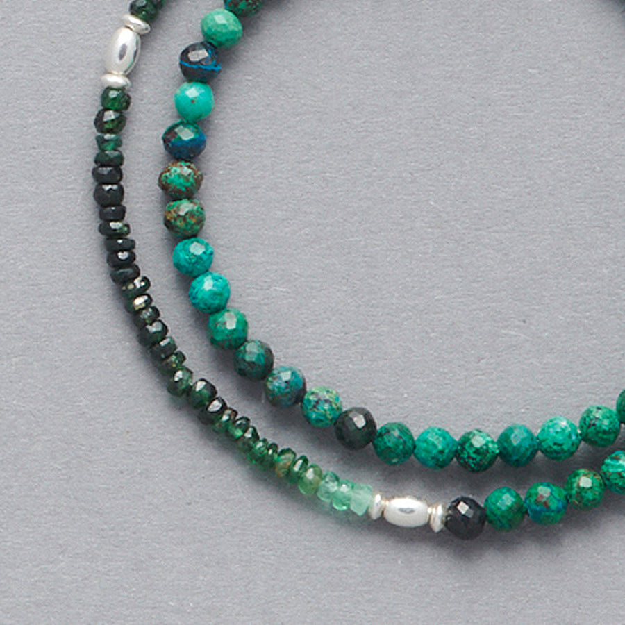 Product close-up of the LE BIJOUBIJOU ESMERALDA Double Wrap Bracelet made with faceted Emeralds and faceted Chrysocolla.