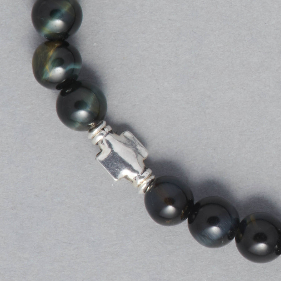 Detail shot of the Laila Bracelet made with Falcon Eye and Sterling Silver Elements.