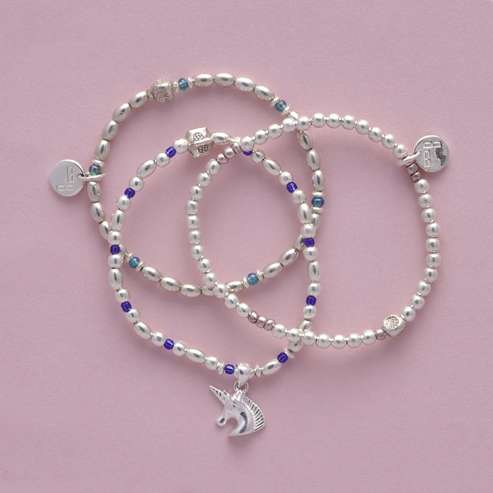 Product shot of the the three different sterling silver My Touch of Silver bracelets for girls 