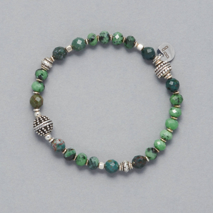 Product shot of the Robin Bracelet made with Rubin Zoisite, Heliotrope and Sterling Silver Elements. 